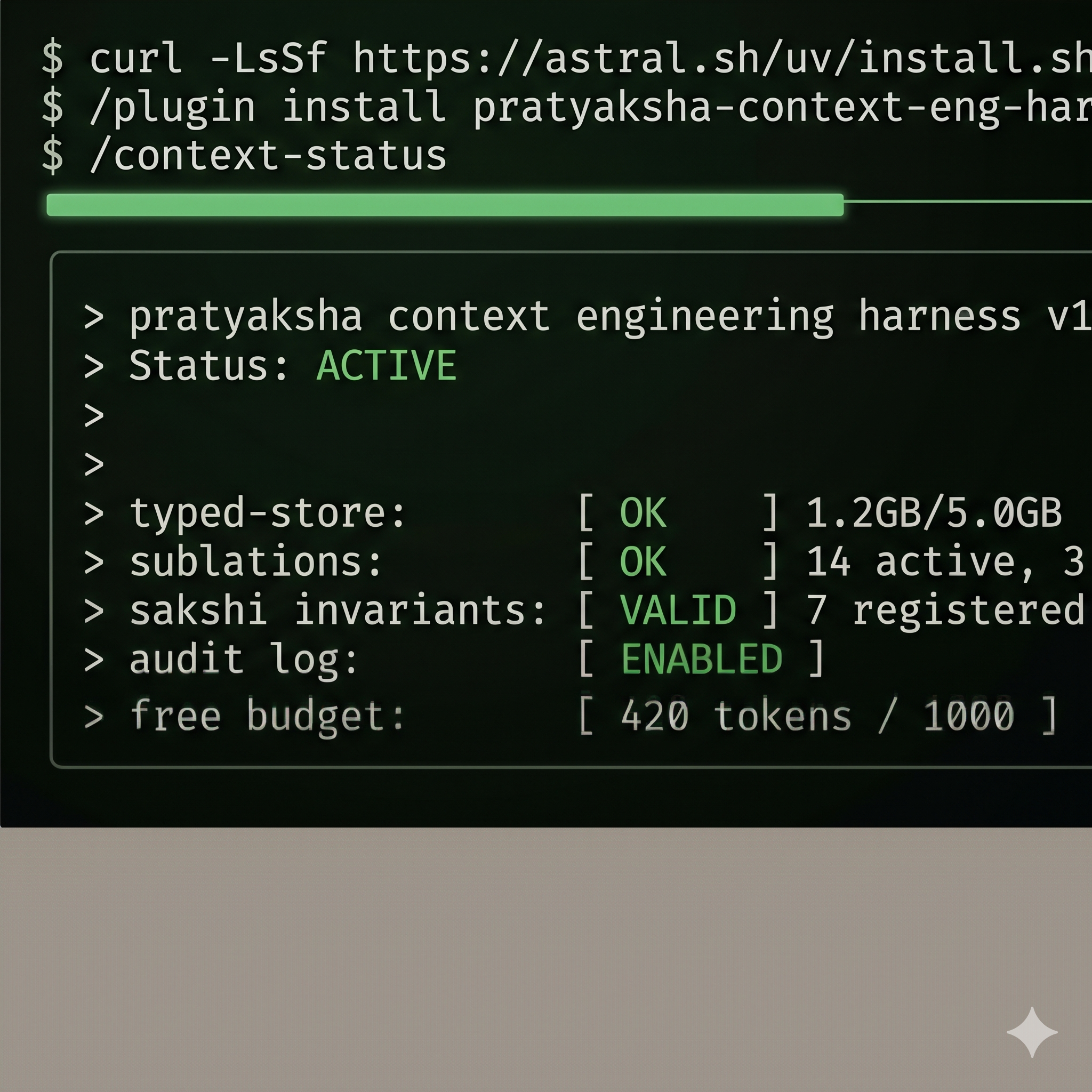 A polished visualisation of the plugin's install flow: a dark-mode terminal showing the curl uv install line and the /plugin install command, alongside the rendered token-budget gauge with five categories.