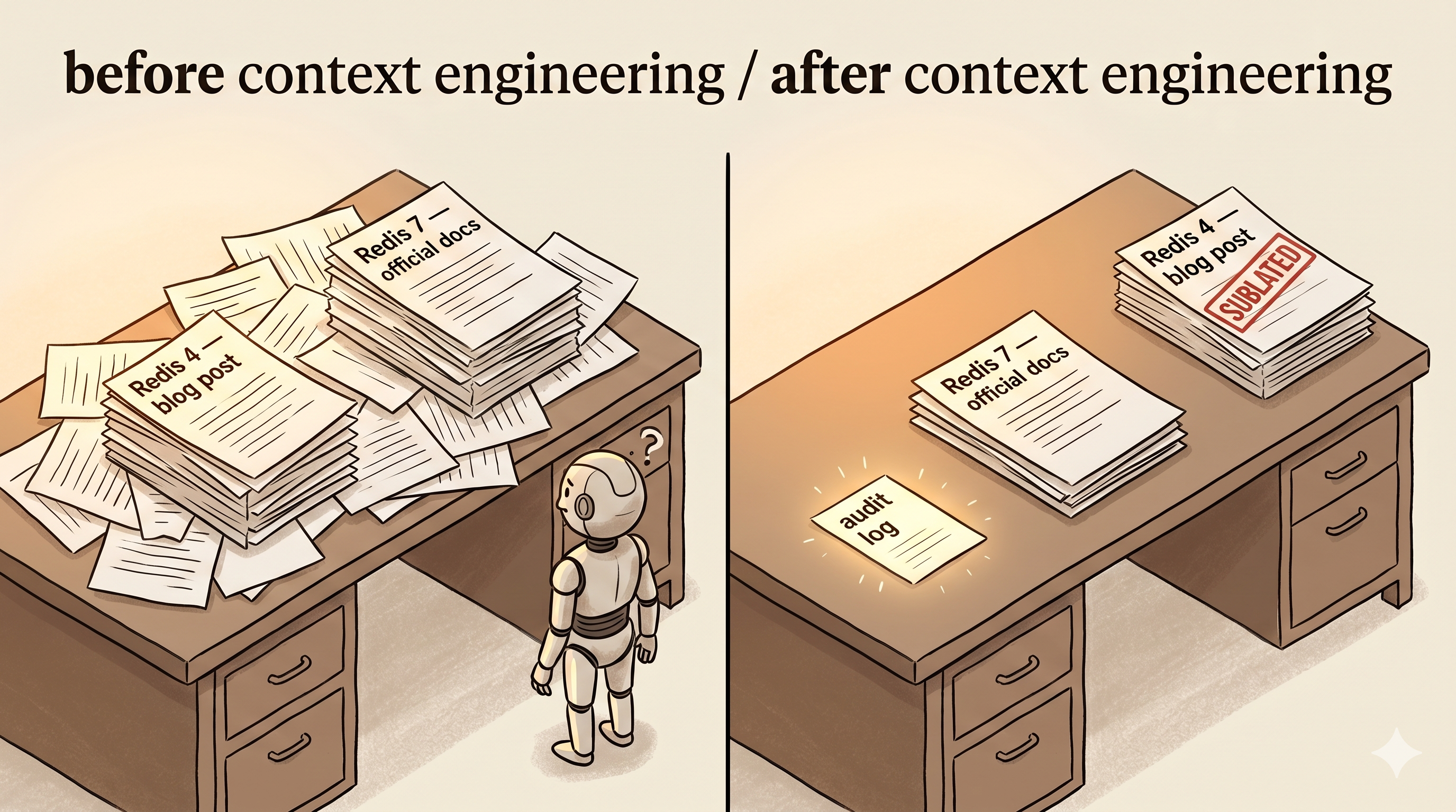 A two-panel illustration. Left: a chaotic desk overflowing with papers, two stacks visibly mixed — some sheets stamped 'Redis 4 — blog post', others stamped 'Redis 7 — official docs', a small confused agent silhouette in front. Right: same desk, neatly organised, with the official docs at the front, the blog-post stack set aside and visibly stamped 'sublated' in red ink, and a small glowing paper labelled 'audit log' on the side.