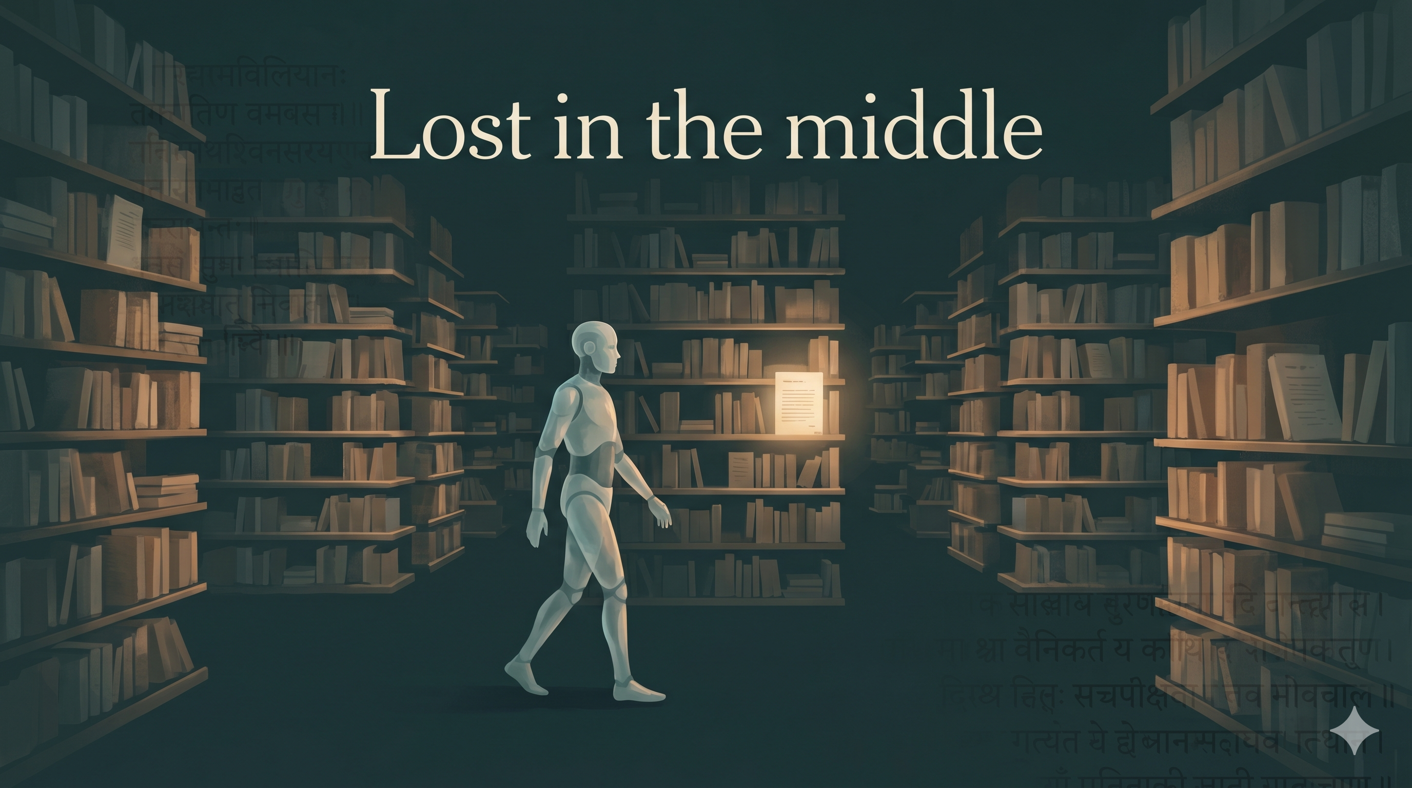 An AI agent depicted as a translucent humanoid silhouette walking through an enormous floating library of documents that stretches into the distance, one single highlighted manuscript glowing softly far behind it &mdash; the one it walked past without reading.